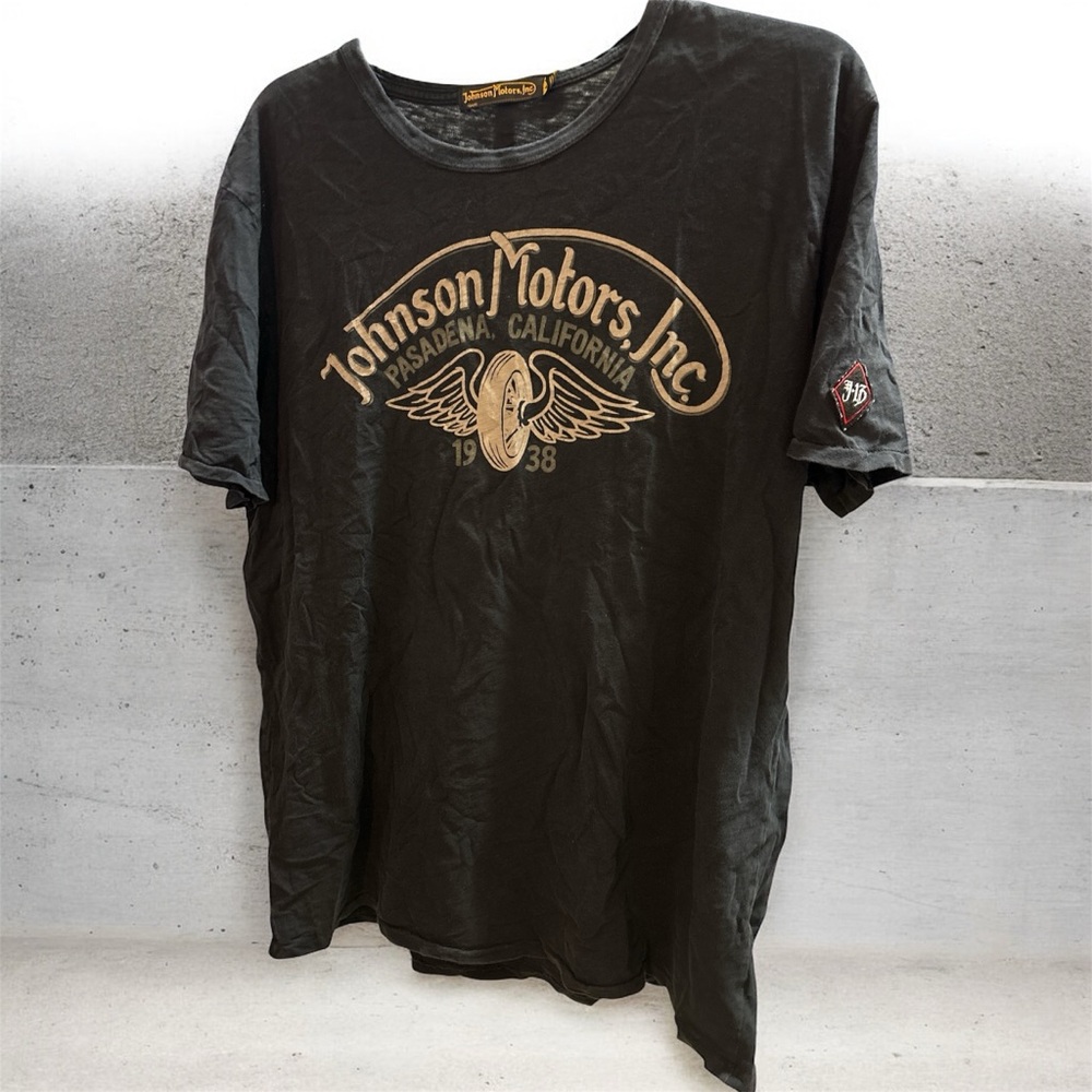 JOHNSON MOTORS INC. vintage winged wheel  Black slub t-shirt